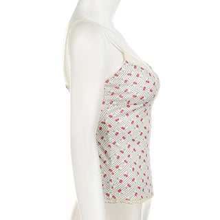 V neck cherry print bowknot lace hem polka dot cami top