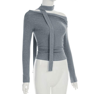 Off shoulder long sleeve ruched solid top