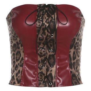 Leopard print lace up PU leather patchwork tube top