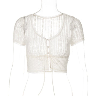 Short sleeve button lace see through crop top