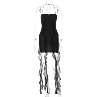 Halter ruffle sweetheart neck solid backless mini dress