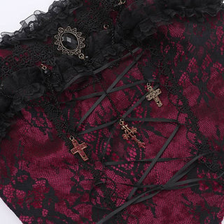 Lace hem cross pendant ruffle tube top