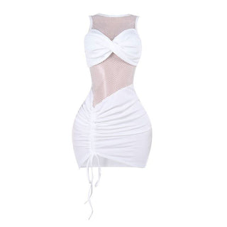 Ruched drawstring crewneck fishnet mini dress