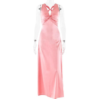 Ruched bowknot v neck satin cross back maxi dress