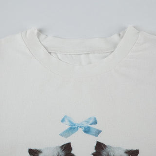 Short sleeve crewneck cats print top