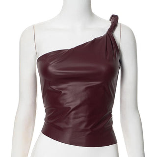 One shoulder PU leather ruched backless top