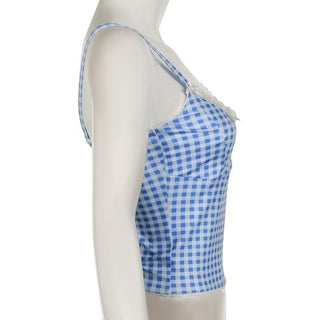 Lace hem plaid backless bowknot cami top