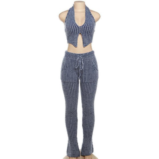 Textured striped contrast halter slit pocket v neck pant set