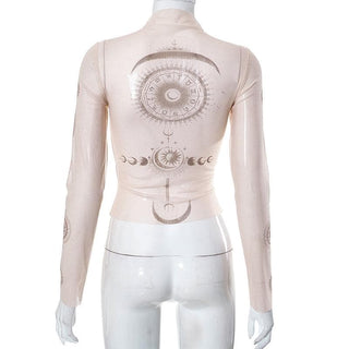 Sheer mesh abstract contrast see through long sleeve top