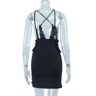 Deep v neck cross front lace hem backless cami mini dress