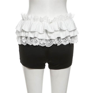 Lace hem ruched bowknot ribbon short pant