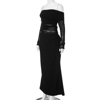 Off shoulder long sleeve mesh patchwork ruched hollow out maix dress