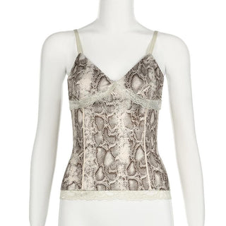 Snake print v neck lace hem cami top