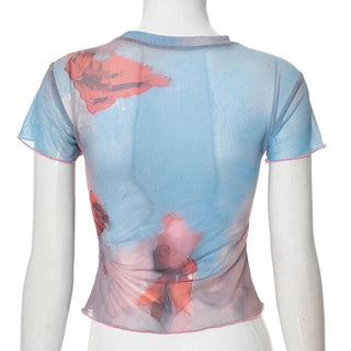 Crew neck short sleeve mesh rabbit print top
