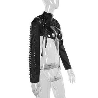 High neck PU leather zip-up hollow out shrug cut out top