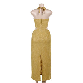 Halter self tie hollow out slit zip-up lace cut out maxi dress