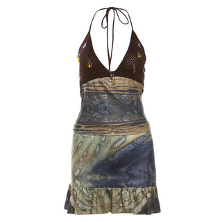 Halter self tie print deep V neck ruched mini dress