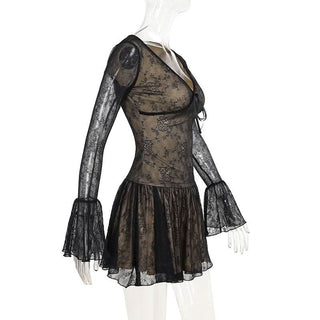 V neck long sleeve lace bowknot mini dress