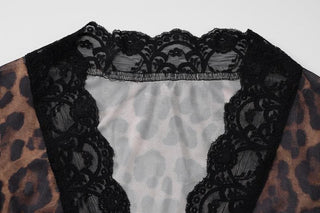 Long flared sleeve print lace hem button see through top