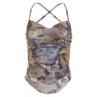 Cross back cowl neck print sheer mesh top