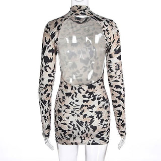 Long sleeve crewneck print backless mini dress