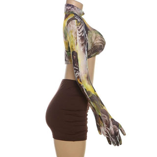 High neck long sleeve flower print crop mini skirt set