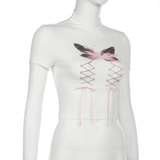 Short sleeve high neck butterfly print bowknot crop top
