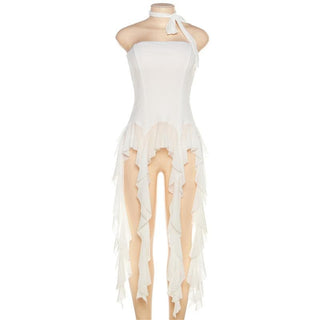 Ruffle mesh stitch self tie solid backless tube top