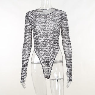 Long sleeve round neck contrast print sheer mesh gloves bodysuit