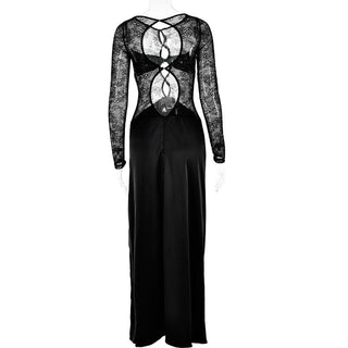 Long sleeve crewneck lace hollow out high slit cut out maxi dress