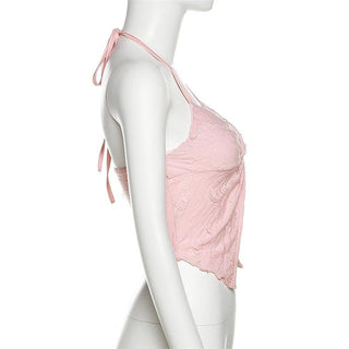 Halter self tie v neck textured knotted slit crop top