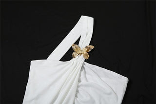 One shoulder chiffon butterfly applique irregular top
