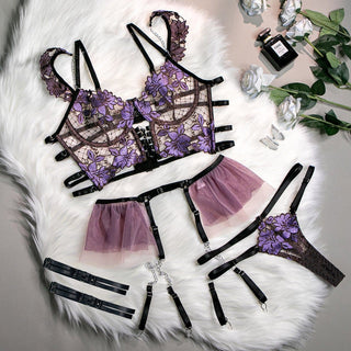 Embroidery metal chain mesh garter lingerie set