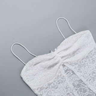 Lace slit ruched bowknot spaghetti strap top