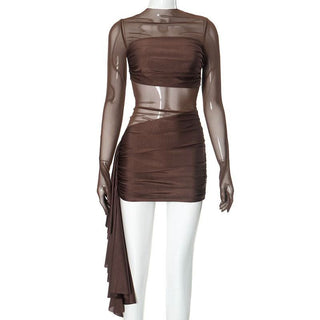 Long sleeve mesh patchwork ruched mini dress