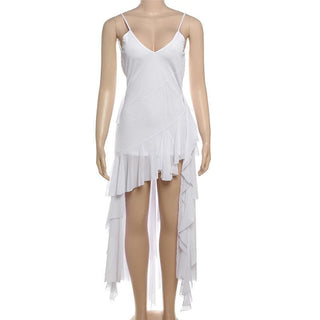 V neck sheer mesh ruffle cami midi dress