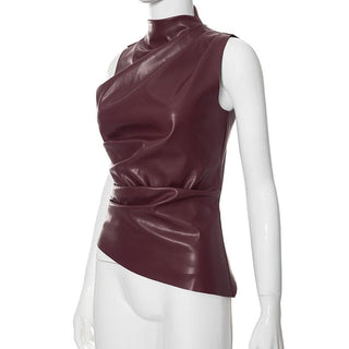 High neck zip-up PU leather irregular ruched top