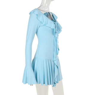 Long flared sleeve ruffle self tie mini dress