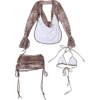 Leopard print halter self tie 3 piece mini skirt set