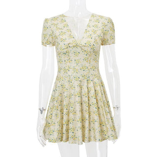 Short puff sleeve print pleated v neck mini dress