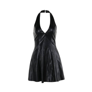 Halter v neck PU leather zip-up button mini dress
