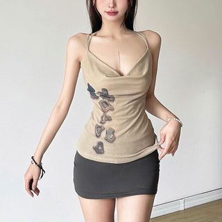 Cross back cowl neck mesh print cami top