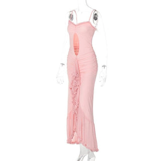 Ruffle high slit ruched hollow out cami cut out maxi dress