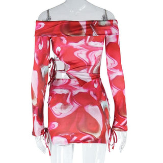 Long sleeve off shoulder hollow out print cut out mini dress