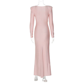 Long sleeve padded ruched maxi dress