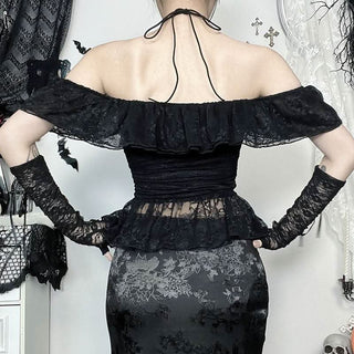 Halter self tie cross front lace ruched off shoulder top