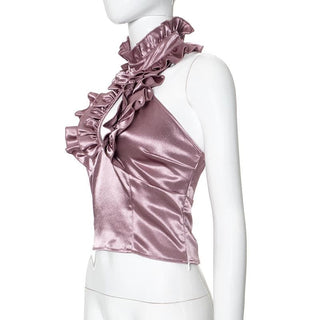 Halter ruffle ruched satin backless top