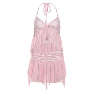 Halter ruffle mesh v neck ruched mini skirt set
