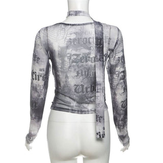 Cowl neck long sleeve mesh abstract print top