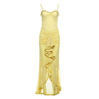 Mesh ruffle solid backless cami maxi dress